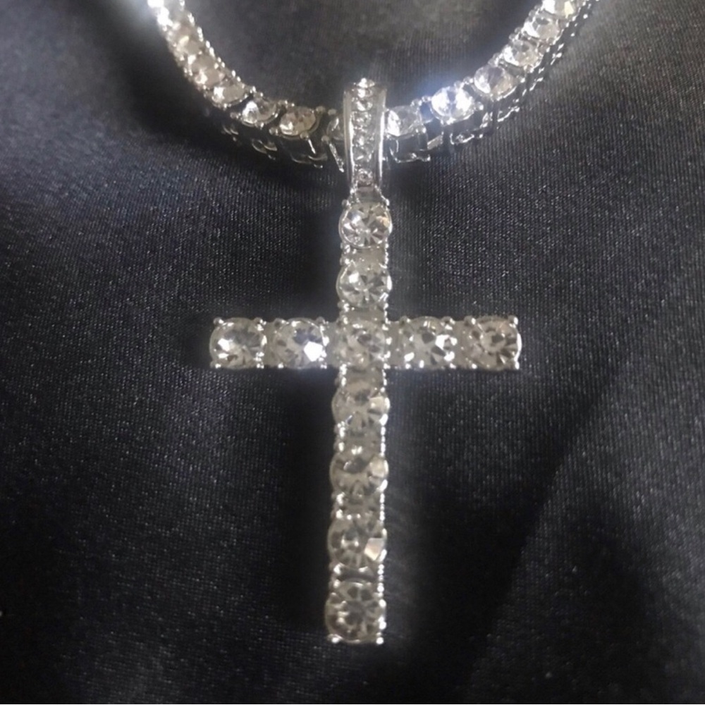 Silver Crystal Cross Pendant Necklace
